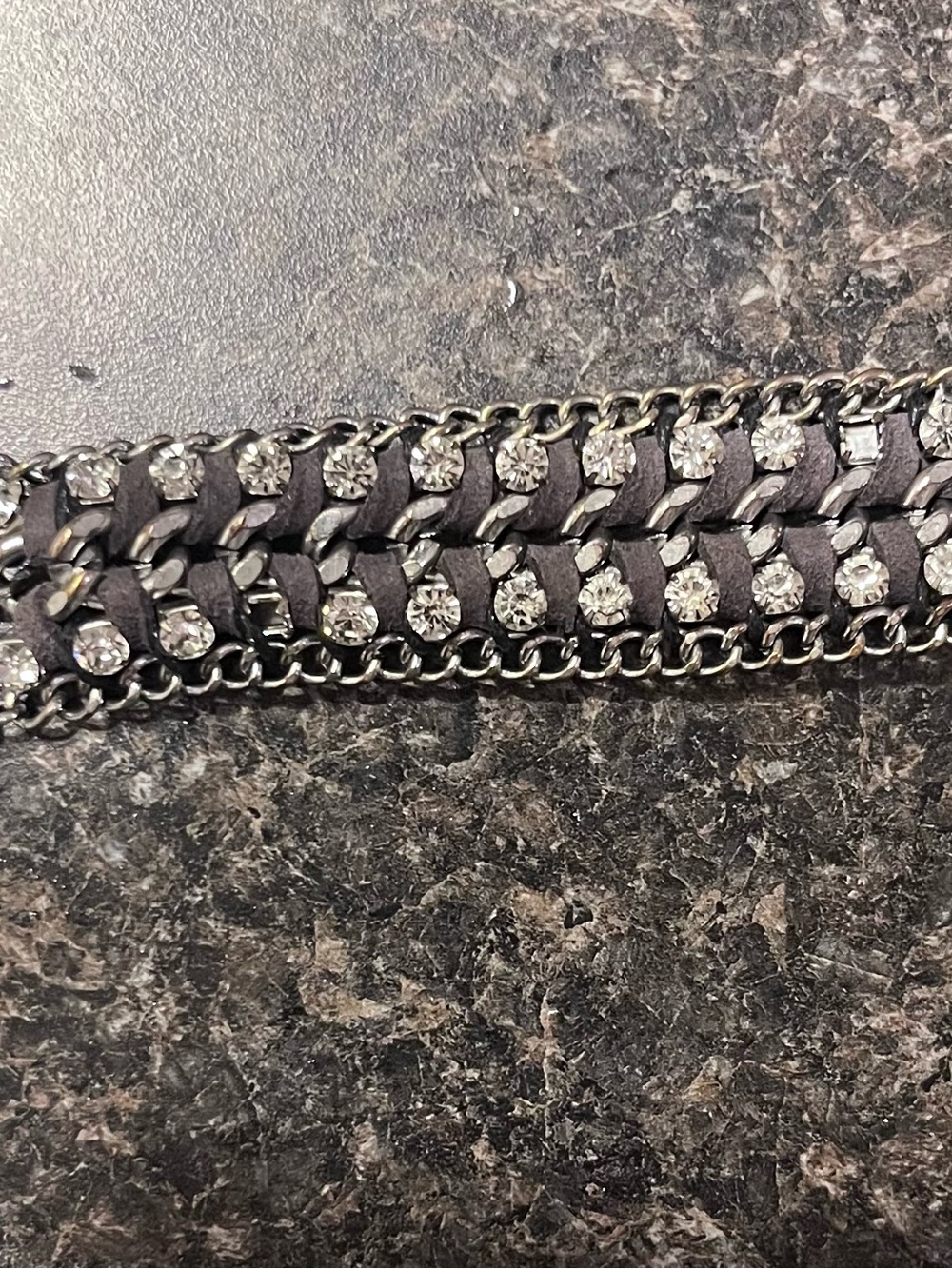 Rhinestone Chain-Trim Black Leather Bracelet
